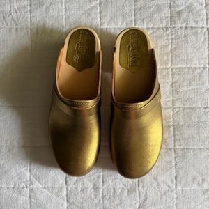 Gold Leather Slip-On Clogs - Women